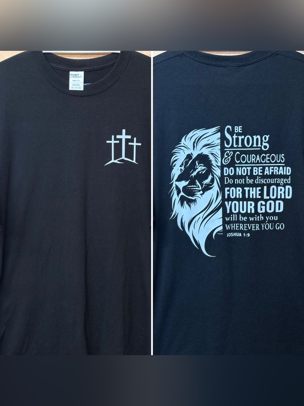 Port and Company Black Tee with Light Blue Lion & Faith Graphic